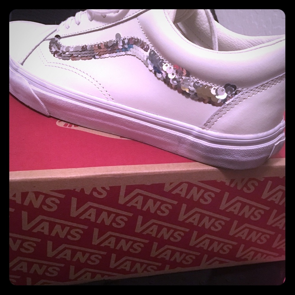 Vans white leather with silver sequins